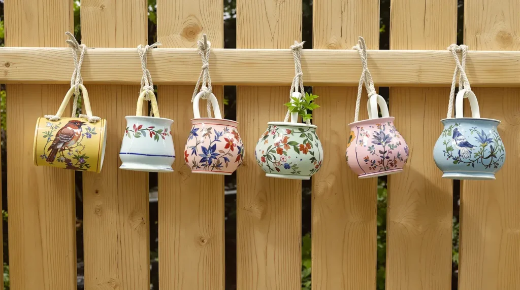 En avril, ces vieilles tasses sur la clôture du jardin attirent les oiseaux et protègent discrètement votre potager